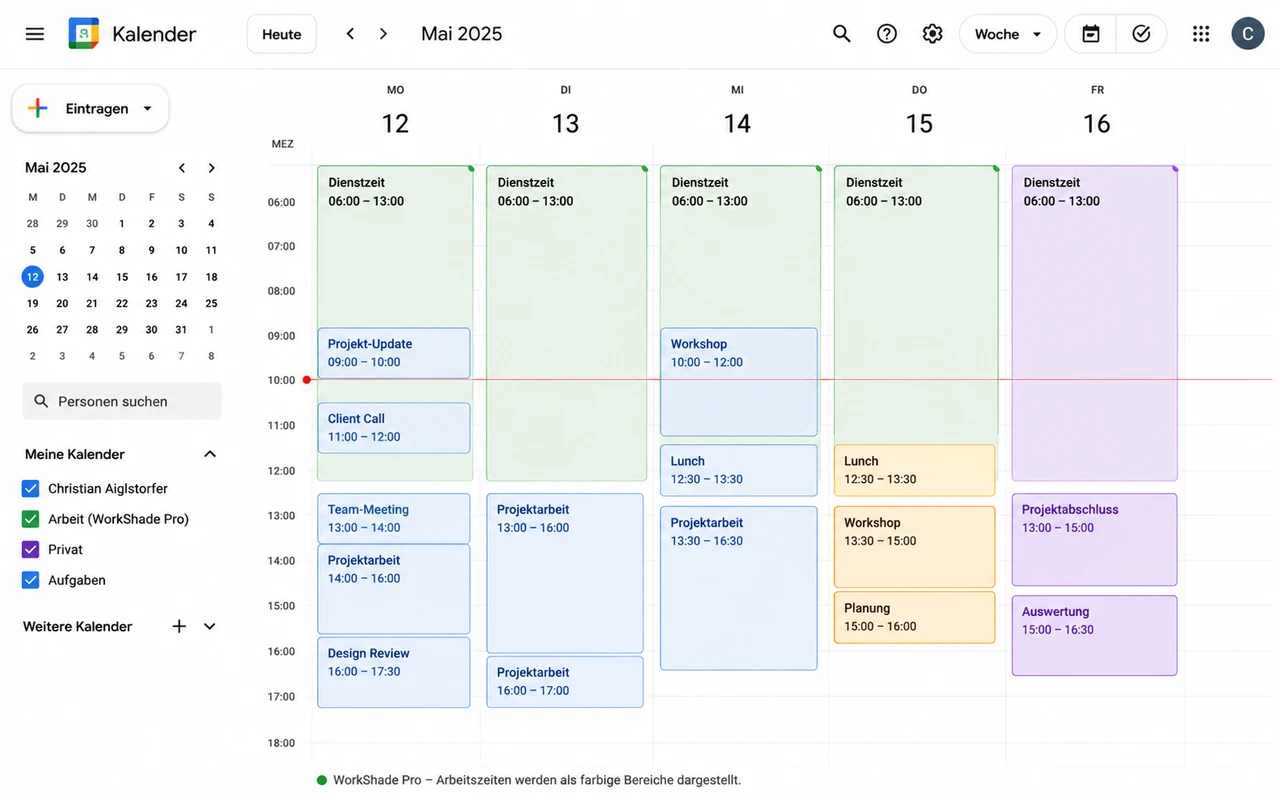 WorkShade Pro: farbige Arbeitszeitbereiche in der Wochenansicht des Google Kalenders